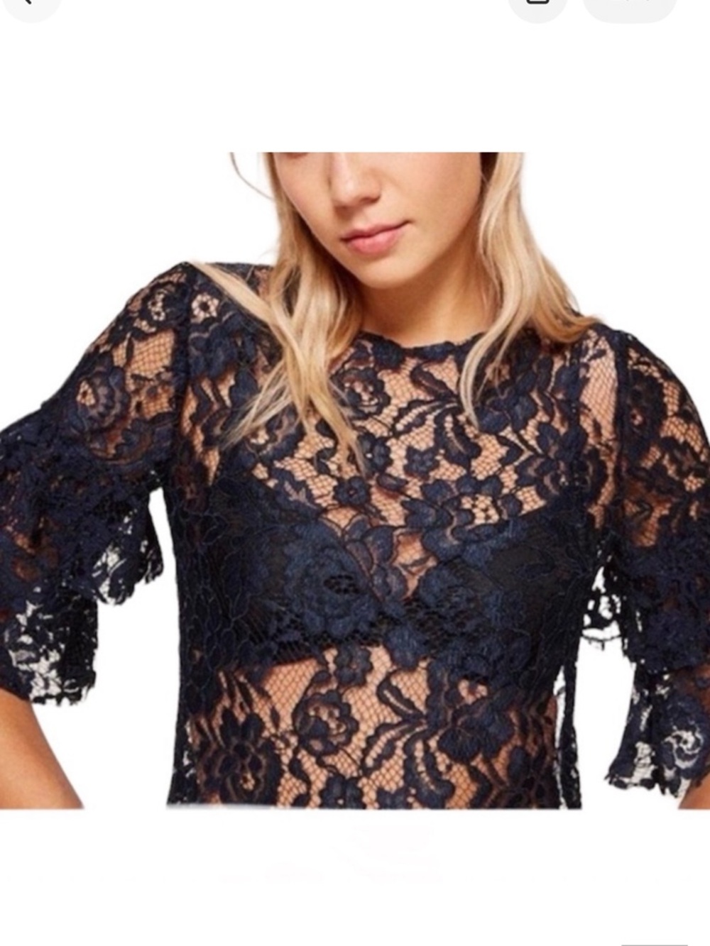 Reformation Marie Lace Ruffle ElbowSleeve Blouse Navy Blue Semi Sheer Sze XS NWT